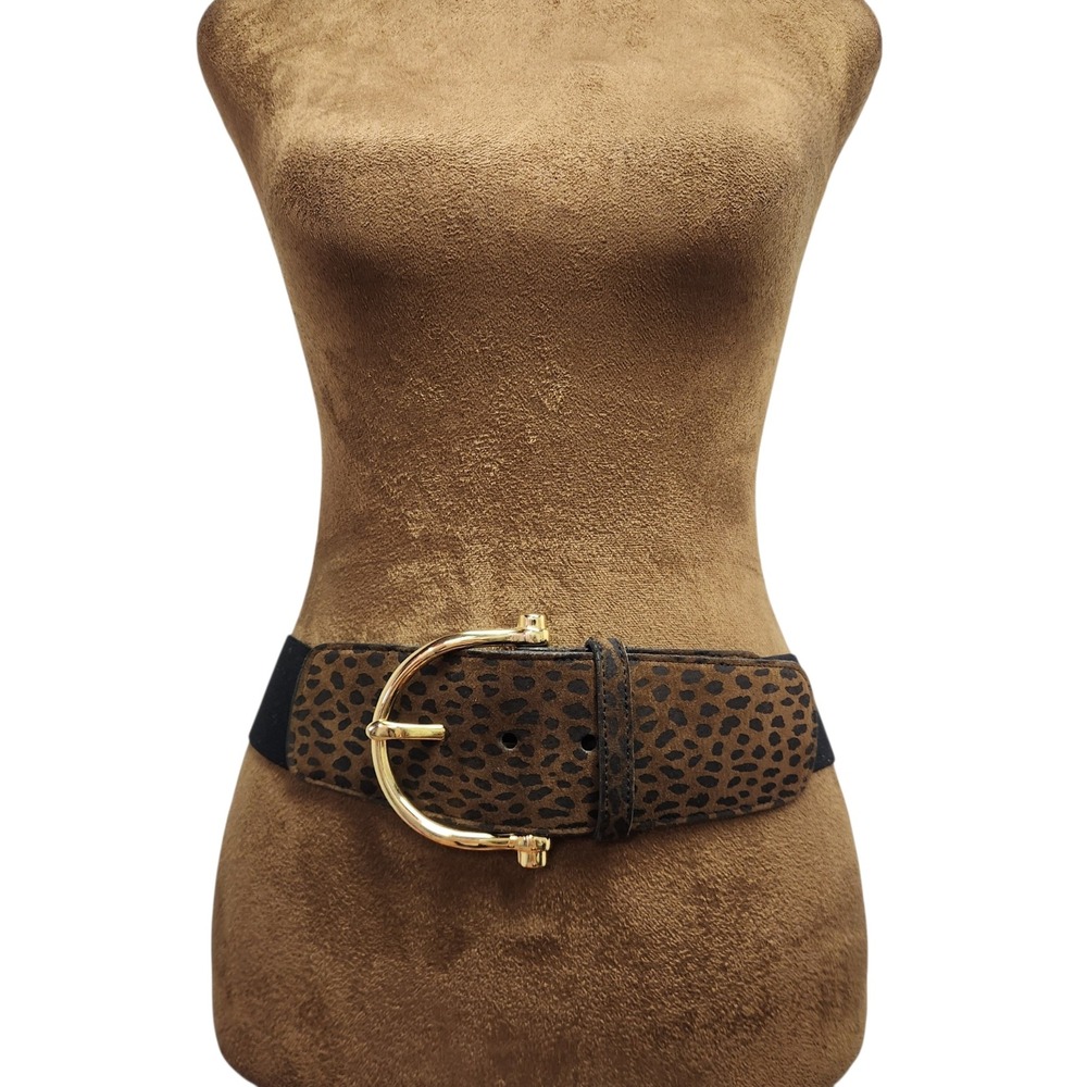 Leather Shop Vintage 90s Leopard Print Wide Elastic Waist Belt Gold Buckle M